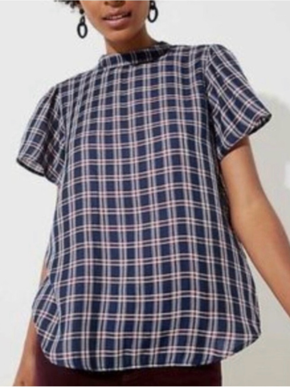 NWT Loft Red/White/Blue Plaid Short-Sleeve Mock Neck Top with Back Button Detail